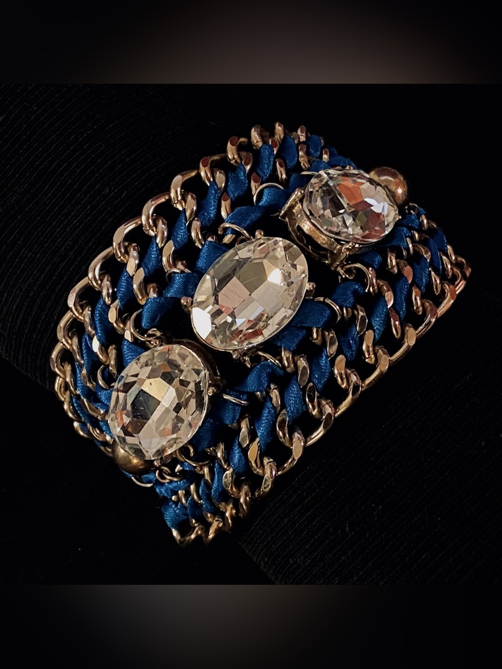 Silver-Tone Crystal Trio + Cobalt Blue Woven Ribbon Chunky Statement Bracelet